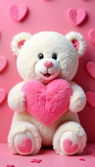 Obraz premium Adorable White Teddy Bear Holding Pink Heart Against Romantic Pink Background for Valentine's Day Celebrations