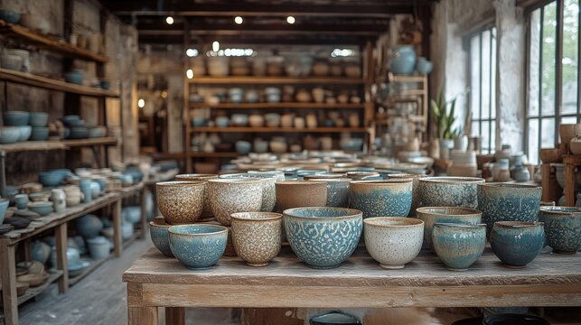 Collection of handcrafted ceramic bowls displayed in a pottery studio during daylight hours
