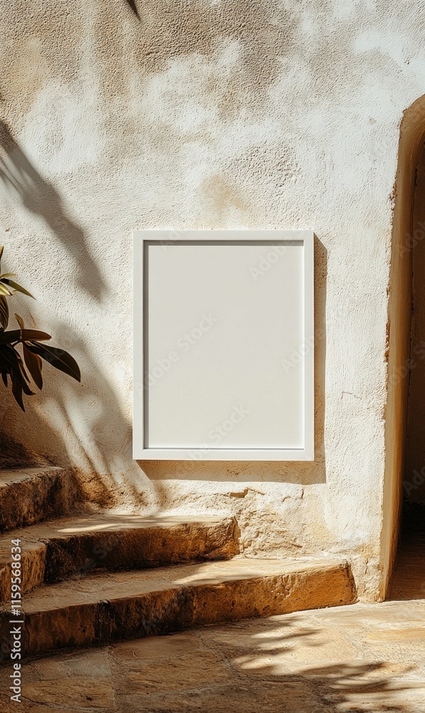 Poster an empty square white thin picture frame hangs on a textured wall next to stone steps, showcasing na