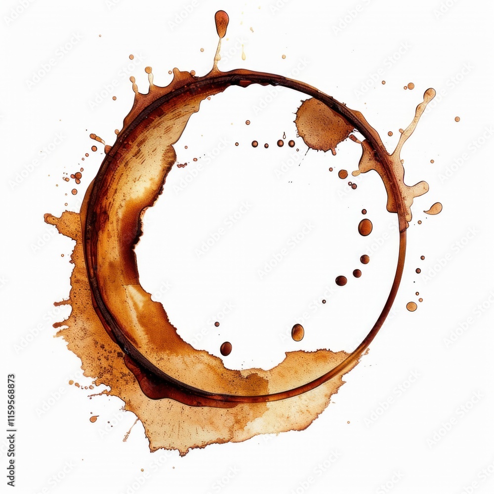 Poster decorative coffee cup stains form a unique circular pattern with splashes, ideal for badge design or