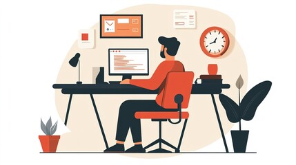 A person working at a desk with a computer, surrounded by plants, a clock, and office supplies, representing a modern home office environment.