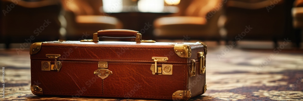 Aufkleber luxurious leather suitcase with golden hardware placed elegantly on a plush carpet in an upscale sit