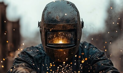 A welder focuses on their task, generating bright sparks in a gritty urban environment under cloudy skies