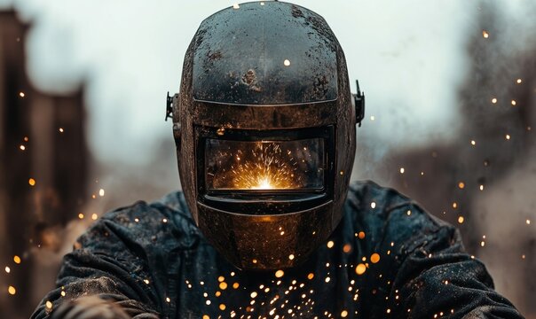 A welder focuses on their task, generating bright sparks in a gritty urban environment under cloudy skies