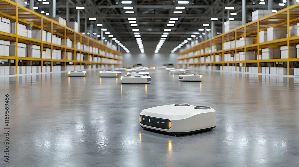 Poster automated robots enhancing efficiency in a modern warehouse, showcasing advanced robotics optimizing