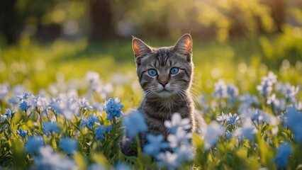 bluestar flowers in spring with beautiful light and cat

