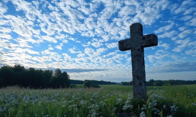 A weathered cross stands in a wildflower field under a bright blue sky with fluffy clouds, evoking a serene atmosphere