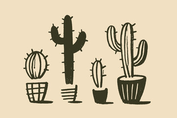 Vintage hand drawn vector illustration of cacti, simple monochrome art
