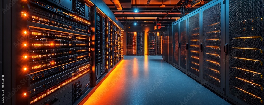 Poster a spacious data center featuring rows of server racks, glowing leds, and a high-tech atmosphere desi