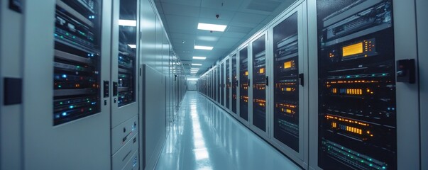 Rows of server racks filled with equipment and glowing indicators create a bright, efficient atmosphere in a modern data center