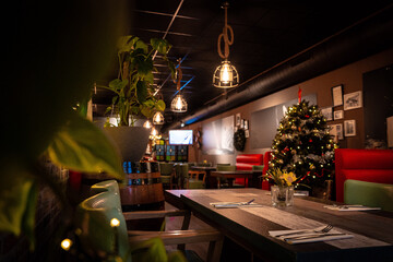 Restaurant bar during Christmas time. Christmas decorations restaurant
