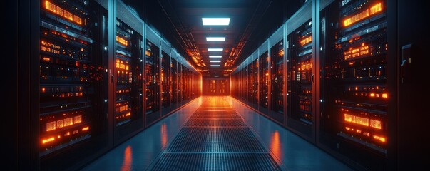 Rows of server racks emit vibrant orange and blue lights in a sleek data center during late hours, showcasing advanced technology