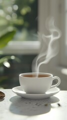 Steaming hot tea in a white cup indoor setting high-resolution textures calm environment close-up viewpoint