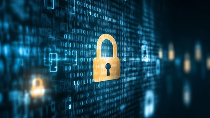 Abstract illustration of a glowing padlock surrounded by binary code, symbolizing online security