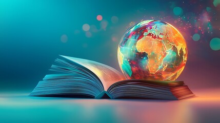 A 3D globe with glowing books orbiting around it, symbolizing global learning, solid lavender background, soft lighting with subtle shadows, calm and futuristic mood