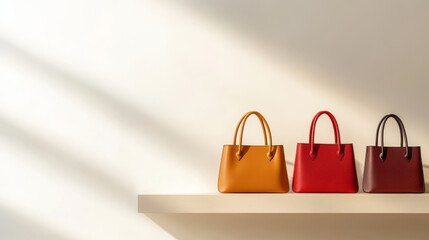 Sleek white shelf displaying luxe leather handbags, dramatic spotlighting accentuating designer details and rich surface variations