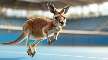 Red kangaroo leaping across a vibrant blue hardcourt in a stadium, showcasing dynamic motion captured mid-air during an athletic display