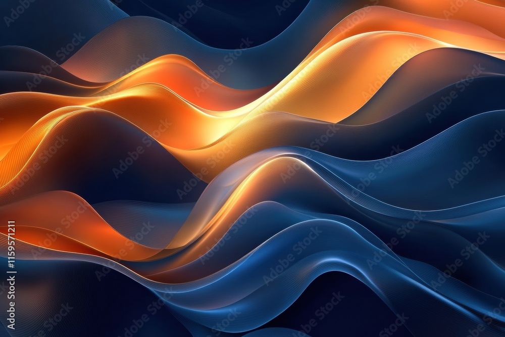 Poster glowing abstract waves in deep blue and warm orange tones creating a dynamic visual flow. generative