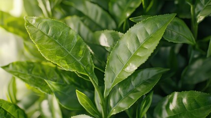 Obraz premium Lush green tea leaves close-up botanical garden high-resolution textures natural environment detailed viewpoint