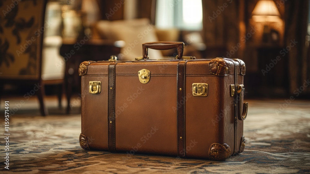 Poster luxurious leather suitcase with golden hardware placed elegantly in a sophisticated hotel lobby duri