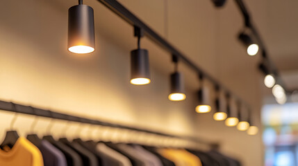 Soft track lighting highlighting neatly arranged clothing displays within minimalist retail fashion environment