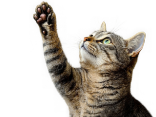 PNG. Cute tabby cat plays with its paw The cat raised its paw and carefully looks at the object 
