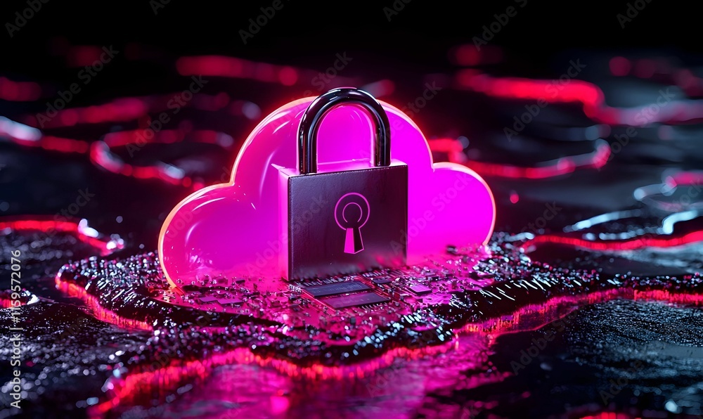 Poster digital illustration of a secure cloud storage system, featuring interconnected servers, data encryp