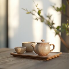Fototapeta premium Elegant handcrafted tea set display modern home high-resolution textures natural light aesthetic lifestyle