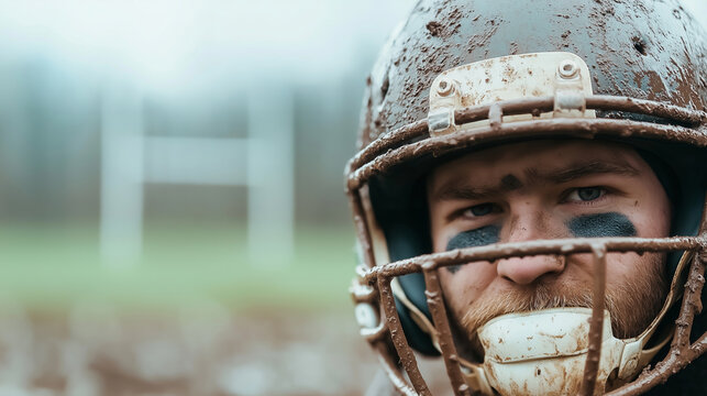 Muddy rugby player wearing protective gear, helmet and mouthguard, with distant goalposts marking competitive field landscape