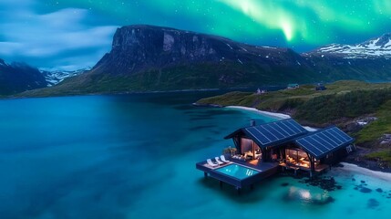 Sustainable tourism travel experience eco-friendly concept. Stunning cabin by the water under the northern lights.