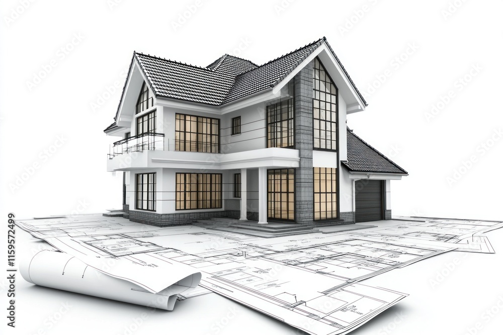 Poster blueprints of a modern house showcasing white and grey design with spacious windows and well-defined