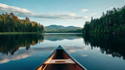 Exploring a serene lake in high definition, surrounded by lush forests and majestic mountains during a peaceful summer day