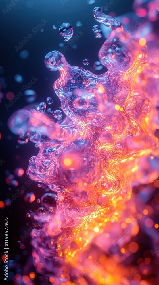 Poster dynamic fluid overlay with high-resolution text in vibrant colorful bubbles abstract art cinematic v