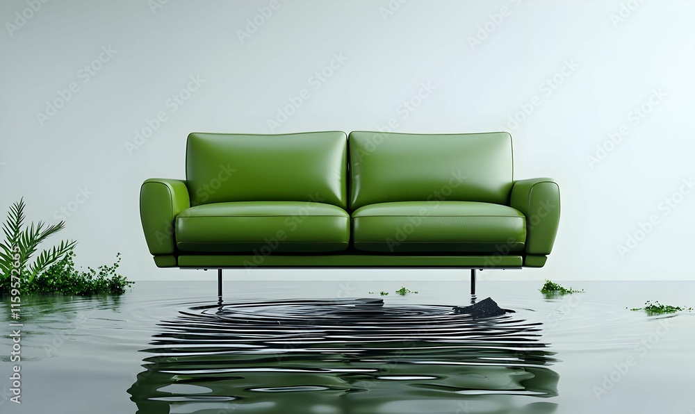 Poster floating couch in an empty room, evokes feelings of isolation and introspection, a surreal contrast 