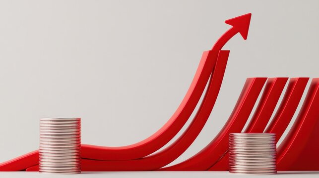 Financial growth concept with a red upward arrow and coin stacks 3D render illustration