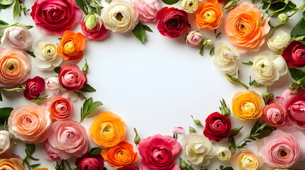 Frame of red and orange ranunculus flowers on white background. Stylish fashion frame. Wedding design. Mother's Day greeting card, spring sale, copyspace banner. Valentine's Day poster.