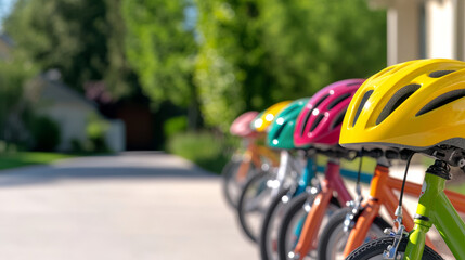 Vibrant bicycle helmets resting on kids' bikes, waiting near suburban home's paved driveway during family cycling preparation