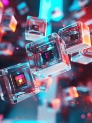 Floating cubes display abstract text, photo, and video symbols in a vibrant digital space during an artistic moment. Generative AI