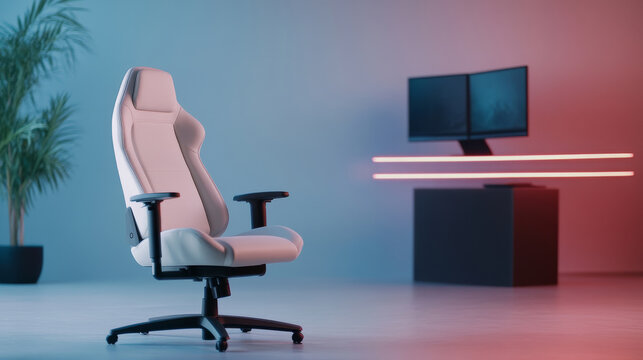 Sleek white ergonomic gaming chair highlighting minimalist workspace, enhanced by dramatic LED lighting for contemporary tech-driven environment