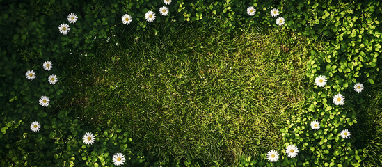 Summer meadow abundant with white daisies A beautiful field of green grass and daisies is shown from a top down perspective creating a natural backdrop Top view with copy space