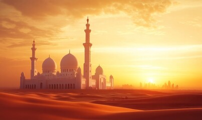 Sunset casts a warm glow on a magnificent mosque set against a vast desert, creating a peaceful and inspiring atmosphere