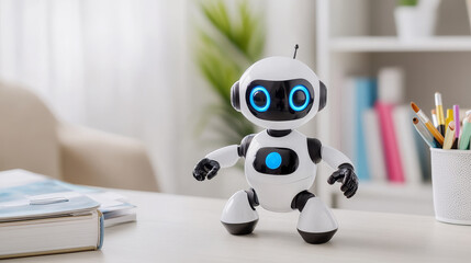 Robotic toy featuring interactive touch sensors, glowing led indicators, resting near art materials and reading books within contemporary home workspace