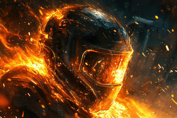 Fiery helmet engulfed in flames, sparks flying, intense heat and energy.