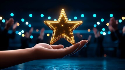 Golden Star Triumph, a hand proudly displays a shining star while a team enthusiastically applauds in a moment of celebration and achievement
