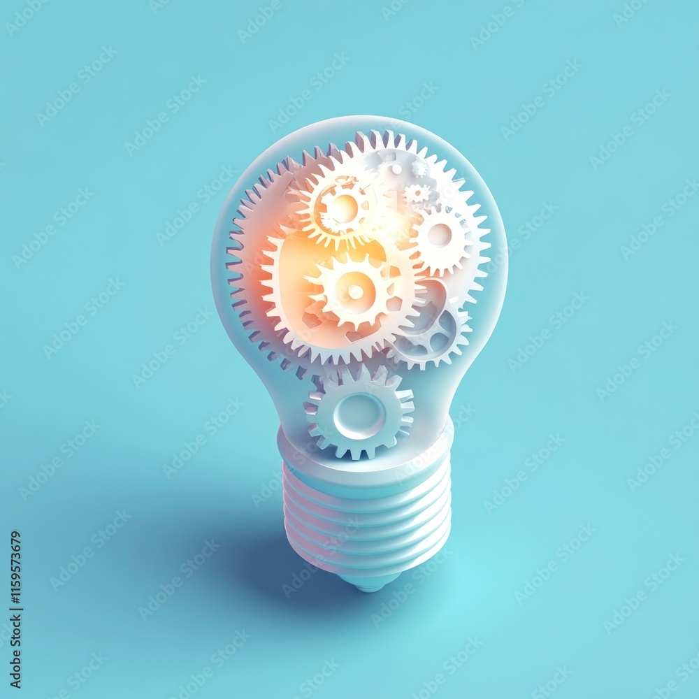 Poster glowing lightbulb with gears inside, symbolizing innovation and mechanism.