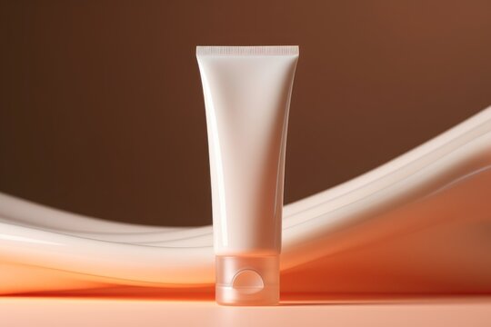 A blank tube cosmetic package is elegantly positioned against a smooth pastel backdrop, showcasing minimalist design for beauty branding