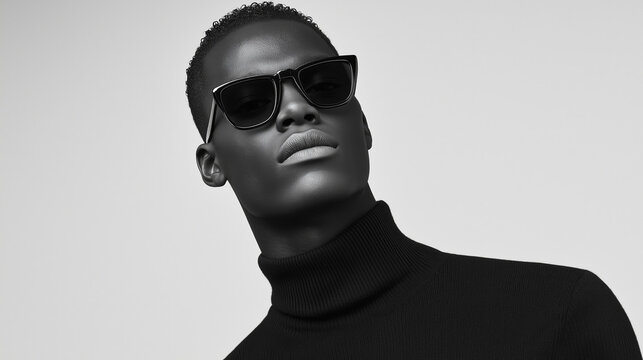 Stylish male model posing in monochrome, dark turtleneck complementing sleek sunglasses, embodying contemporary urban aesthetic