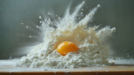 White flour surrounds a cracked egg on a kitchen counter, illustrating the moment of mixing ingredients for baking