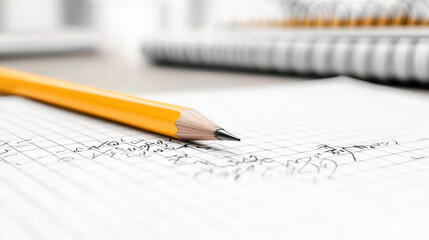 Close-up of a mechanical pencil resting on a notebook page filled with handwritten math equations on graph paper, with blurred notebooks in the background