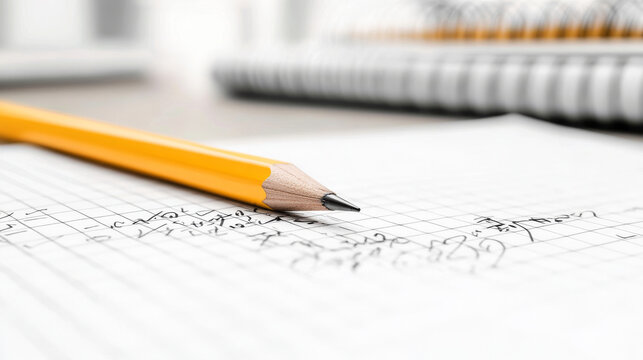 Close-up of a mechanical pencil resting on a notebook page filled with handwritten math equations on graph paper, with blurred notebooks in the background